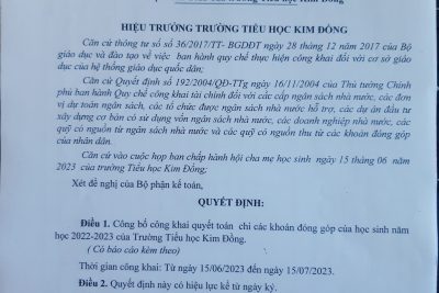 Bảo vệ: Quyết định về việc công bố công khai quyết toán chi các khoản đóng góp của học sinh năm học 2022 – 2023 của trường Tiểu học Kim Đồng